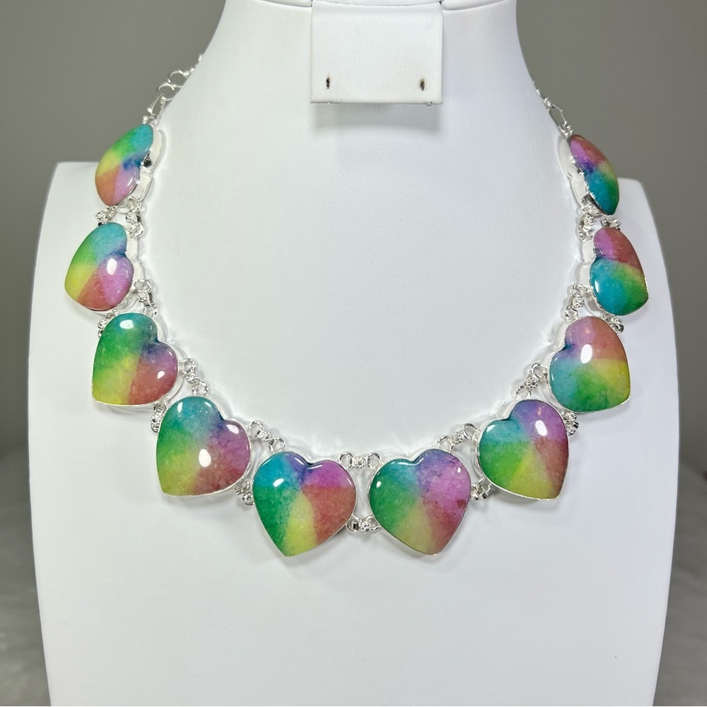 Beautiful 🌈💗 925 Rainbow Solar Quartz Hearts Large Gemstone Necklace Earrings - Picture 3 of 9